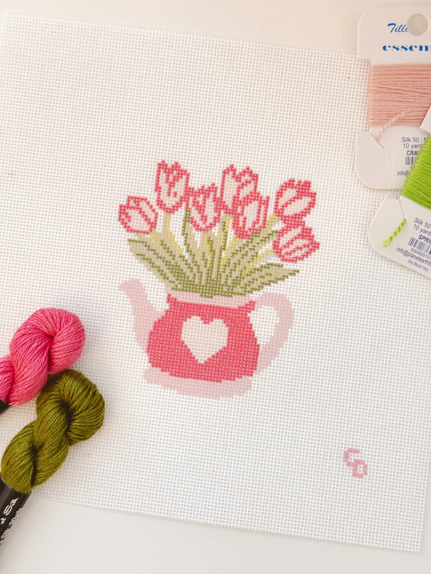 Heart Flower Teapot Needlepoint Canvas, Valentine's Day Needlepoint Canvas, 3”x4" Needlepoint Canvas
