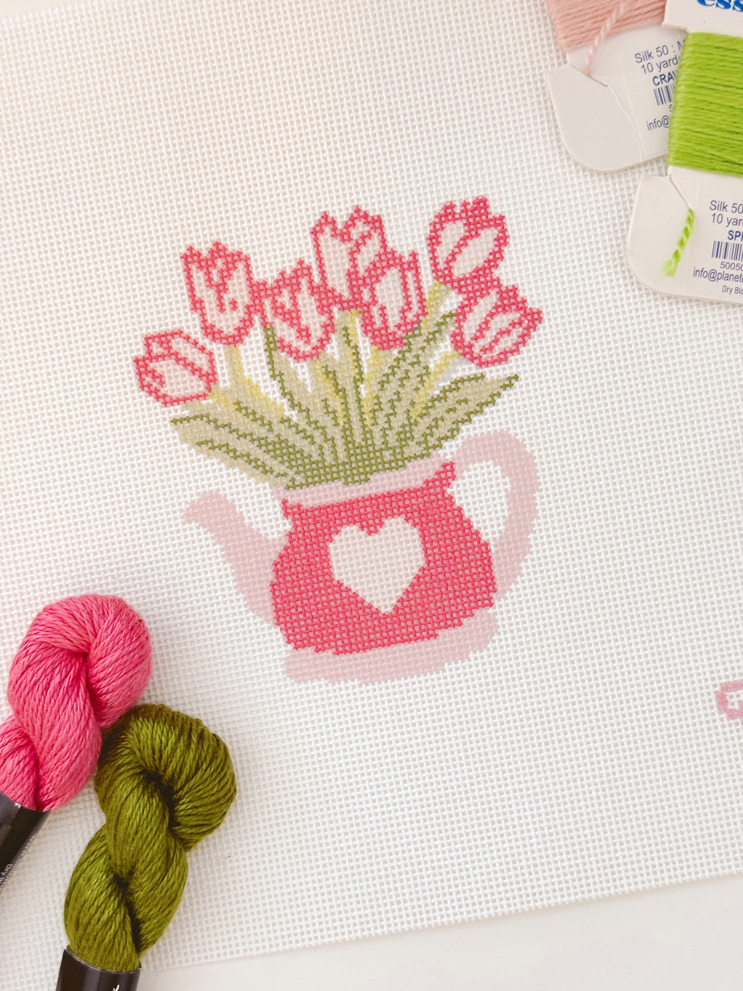 Heart Flower Teapot Needlepoint Canvas, Valentine's Day Needlepoint Canvas, 3”x4" Needlepoint Canvas