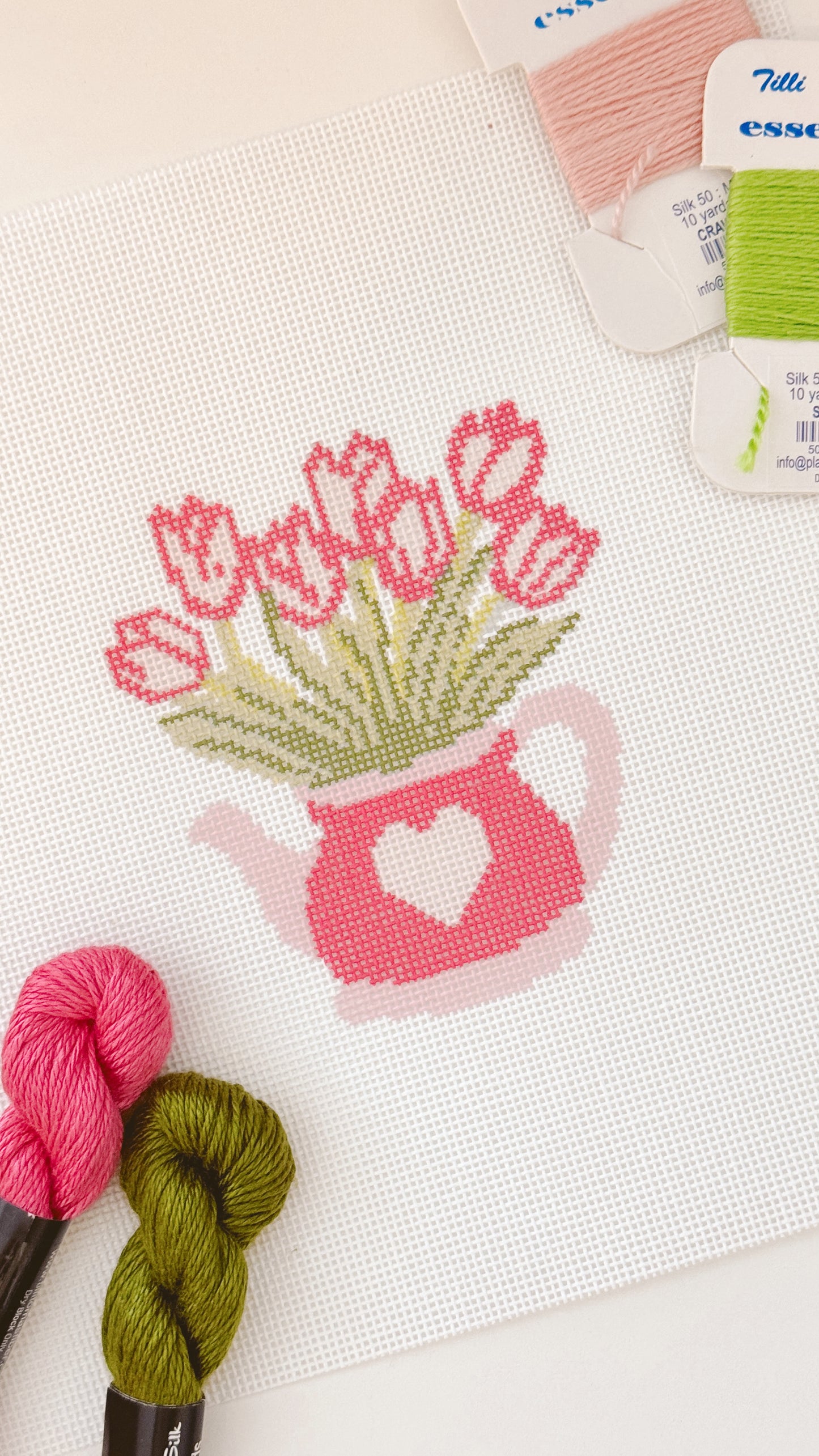 Heart Flower Teapot Needlepoint Canvas, Valentine's Day Needlepoint Canvas, 3”x4" Needlepoint Canvas