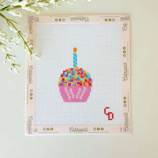 Colorful birthday cupcake with candle 13 mesh hand-painted needlepoint canvas