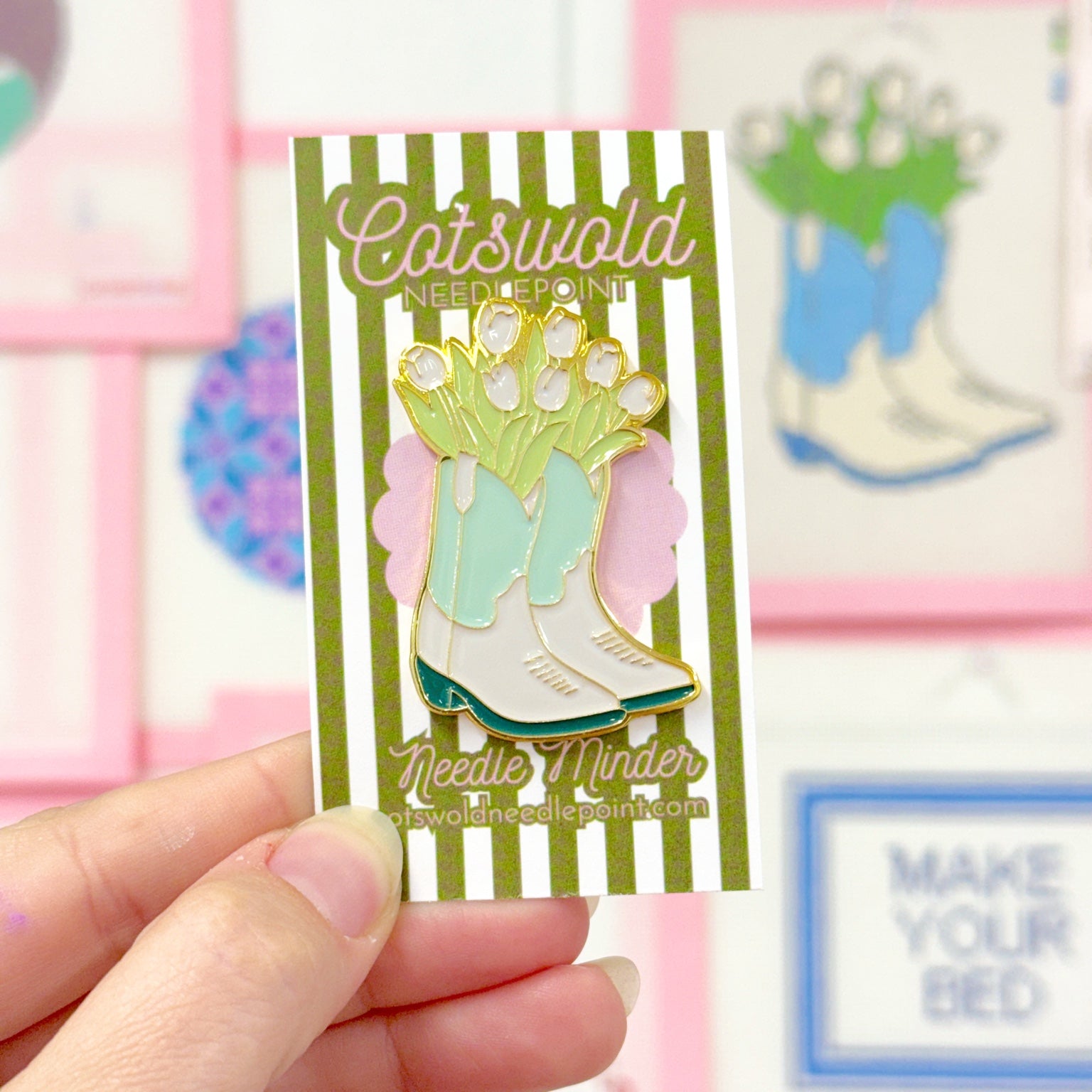 Mint green cowboy boots with flowers magnetic needle minder for needlepoint and embroidery