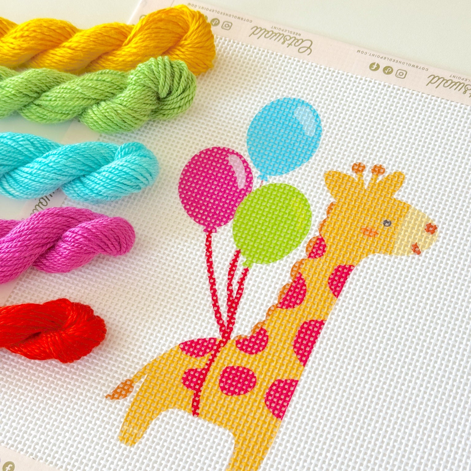 Close-up of giraffe with balloons hand-painted 13 mesh needlepoint canvas