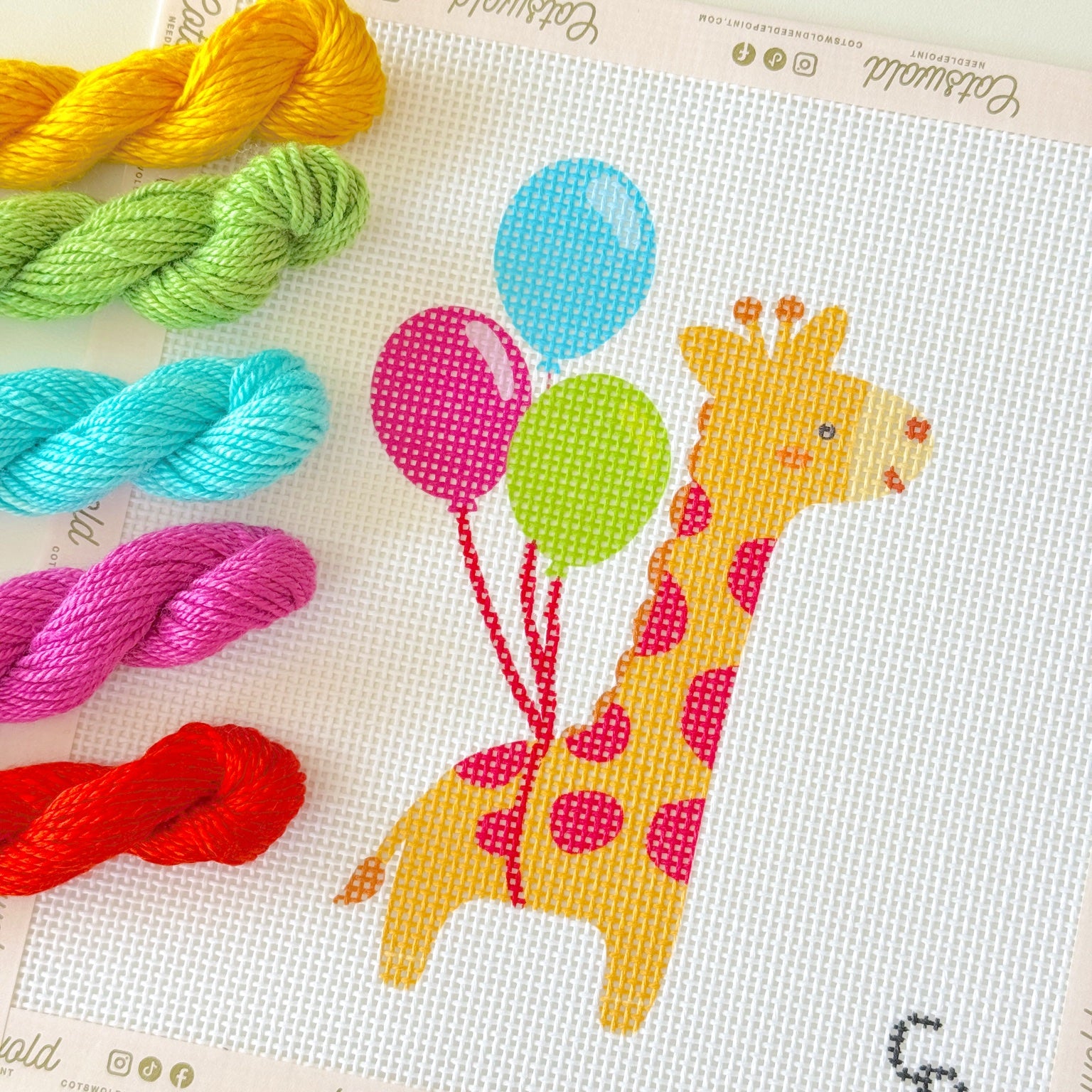 Detailed close-up of colorful giraffe with balloons 13 mesh needlepoint canvas