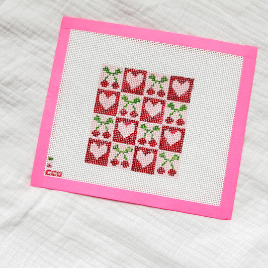 Cherry Checker Board 4” 13 Mesh Hand Painted Needlepoint Canvas, Aesthetic Needlepoint Canvas Modern