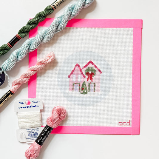 Christmas Houses Ornament Needlepoint Canvas 18 Mesh 4” Design, Christmas Round Ornament Needlepoint Canvas modern Hand Painted