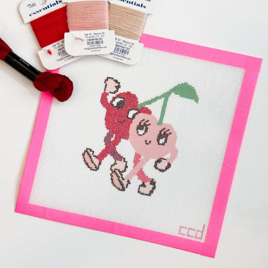Retro Cherry Buddies Needlepoint Canvas Hand Painted, Cherry 18 Mesh 5" Design Needlepoint Canvas, Modern Needlepoint Canvas