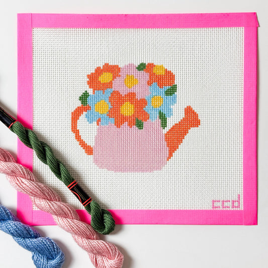 Flower Watering Can Spring Needlepoint Canvas 13 Mesh 5” Design, Spring Needlepoint Canvas modern Hand Painted