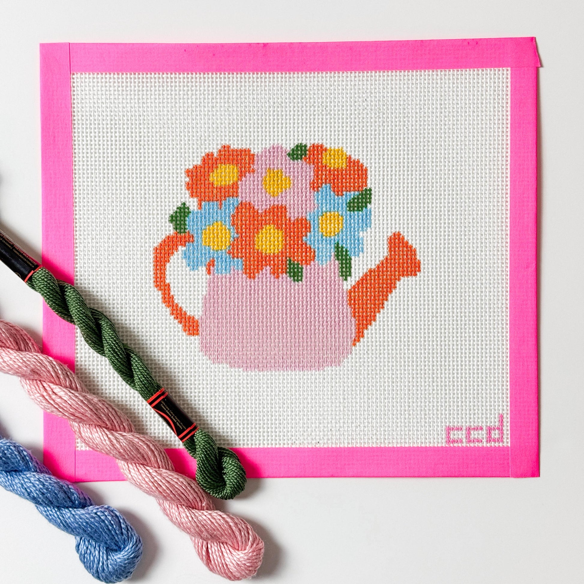 Flower Watering Can Spring Needlepoint Canvas 13 Mesh 5” Design, Spring Needlepoint Canvas modern Hand Painted