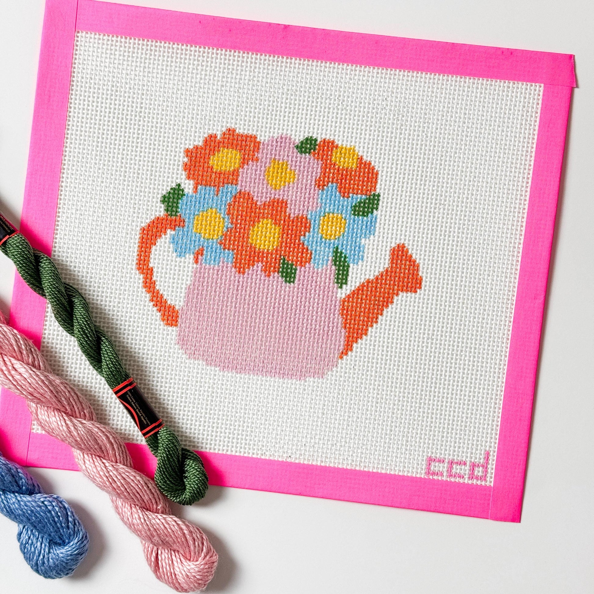 Flower Watering Can Spring Needlepoint Canvas 13 Mesh 5” Design, Spring Needlepoint Canvas modern Hand Painted