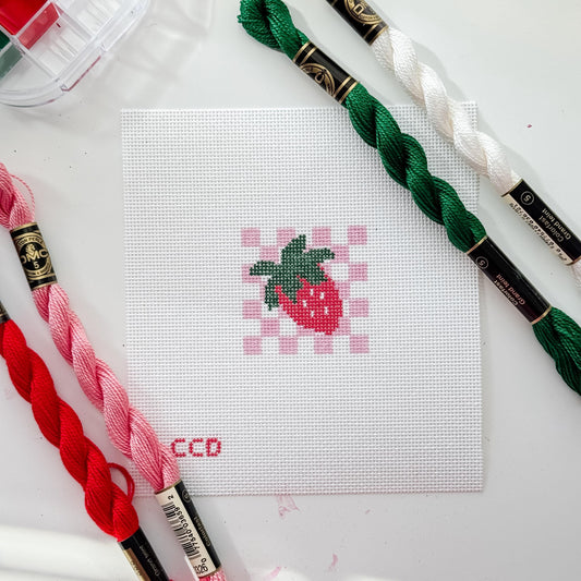 Hand Painted Strawberry Checkered 2” Needlepoint Canvas 18 Mesh Coquette Needlepoint Canvas Summer Hand Painted