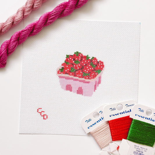 Strawberry Basket Needlepoint Canvas 18 Mesh 3” Design, Summer Strawberries Needlepoint Canvas modern Hand Painted