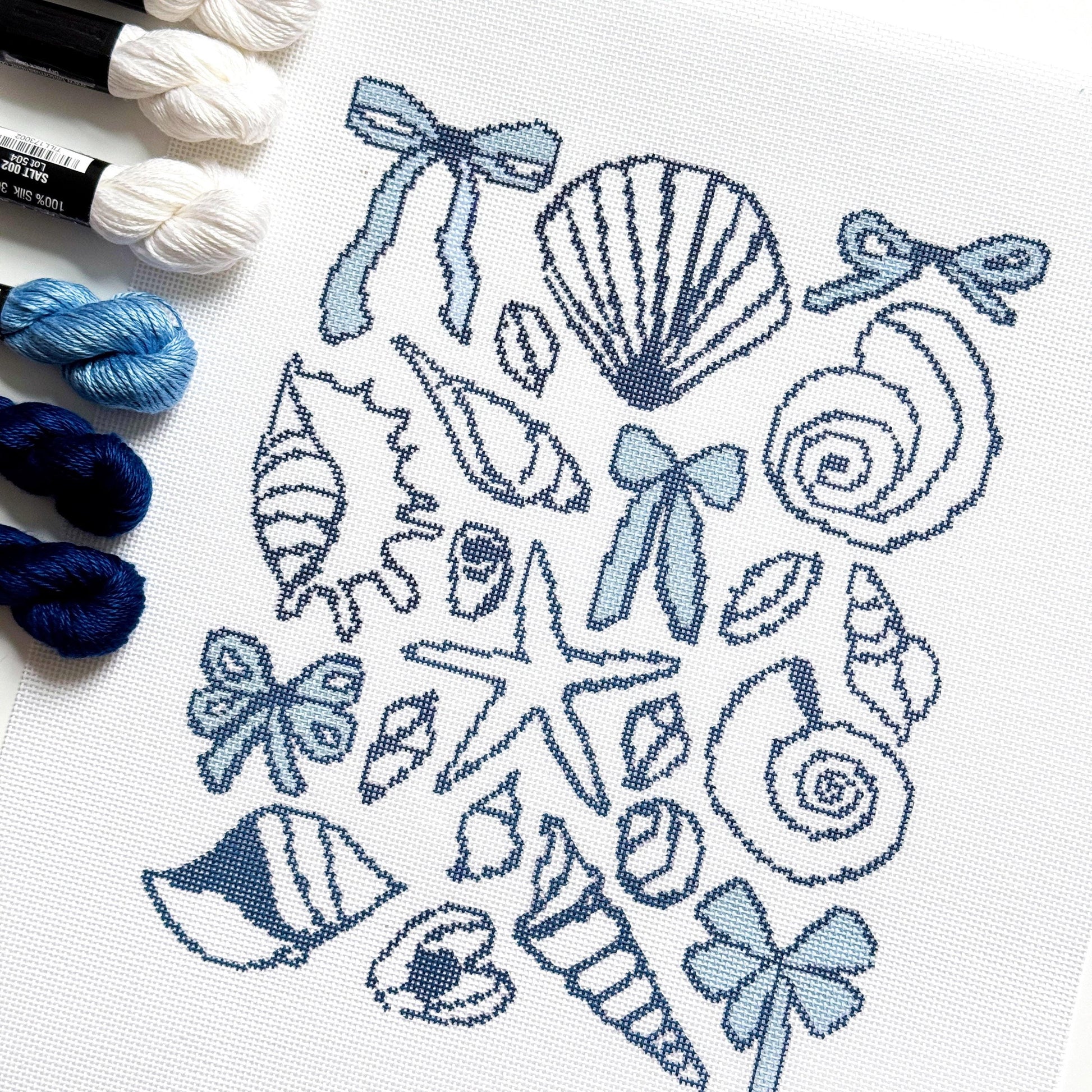 Blue Seashell & Bow Toile Needlepoint | 9″ Coastal Collage on 18-Mesh