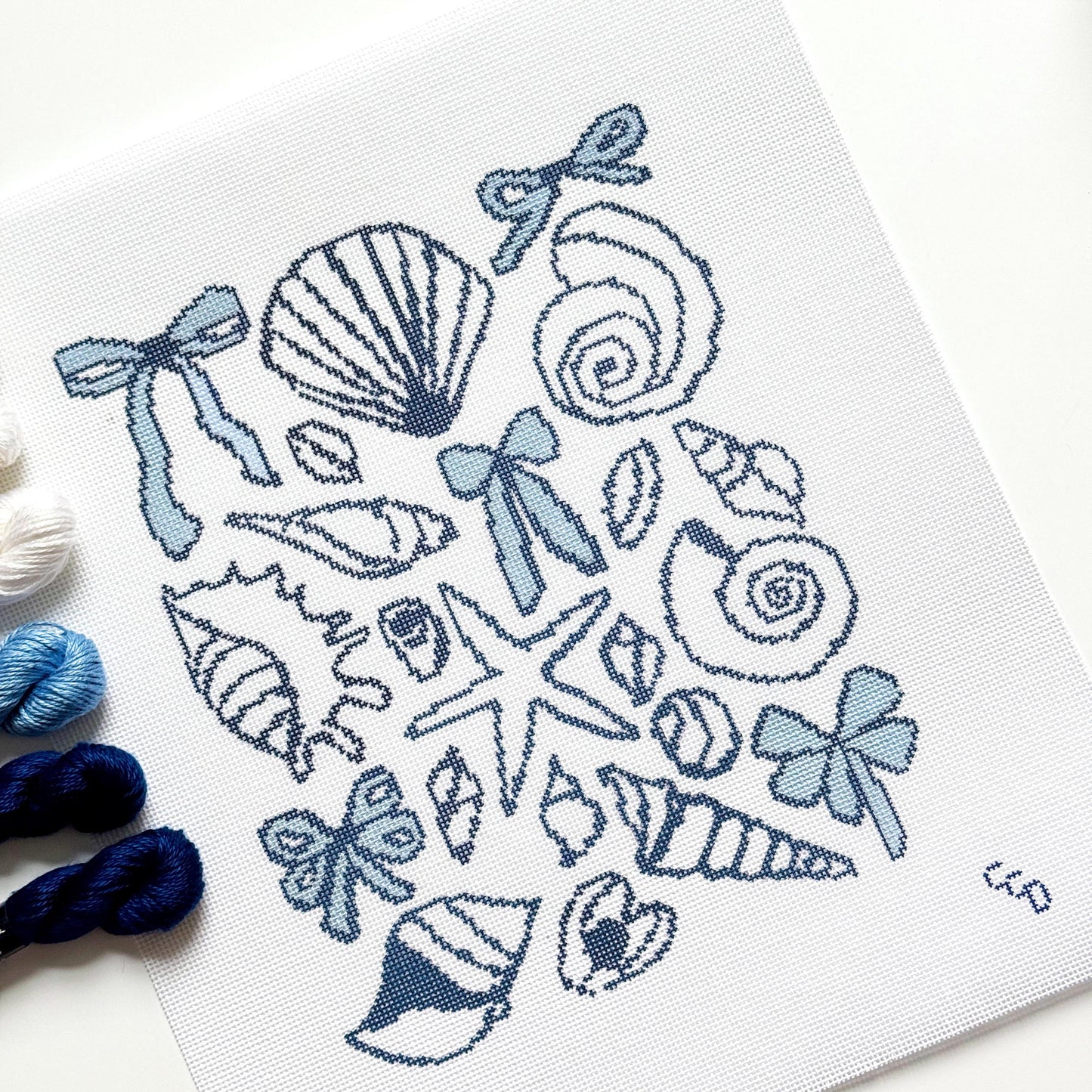 Blue Seashell & Bow Toile Needlepoint | 9″ Coastal Collage on 18-Mesh