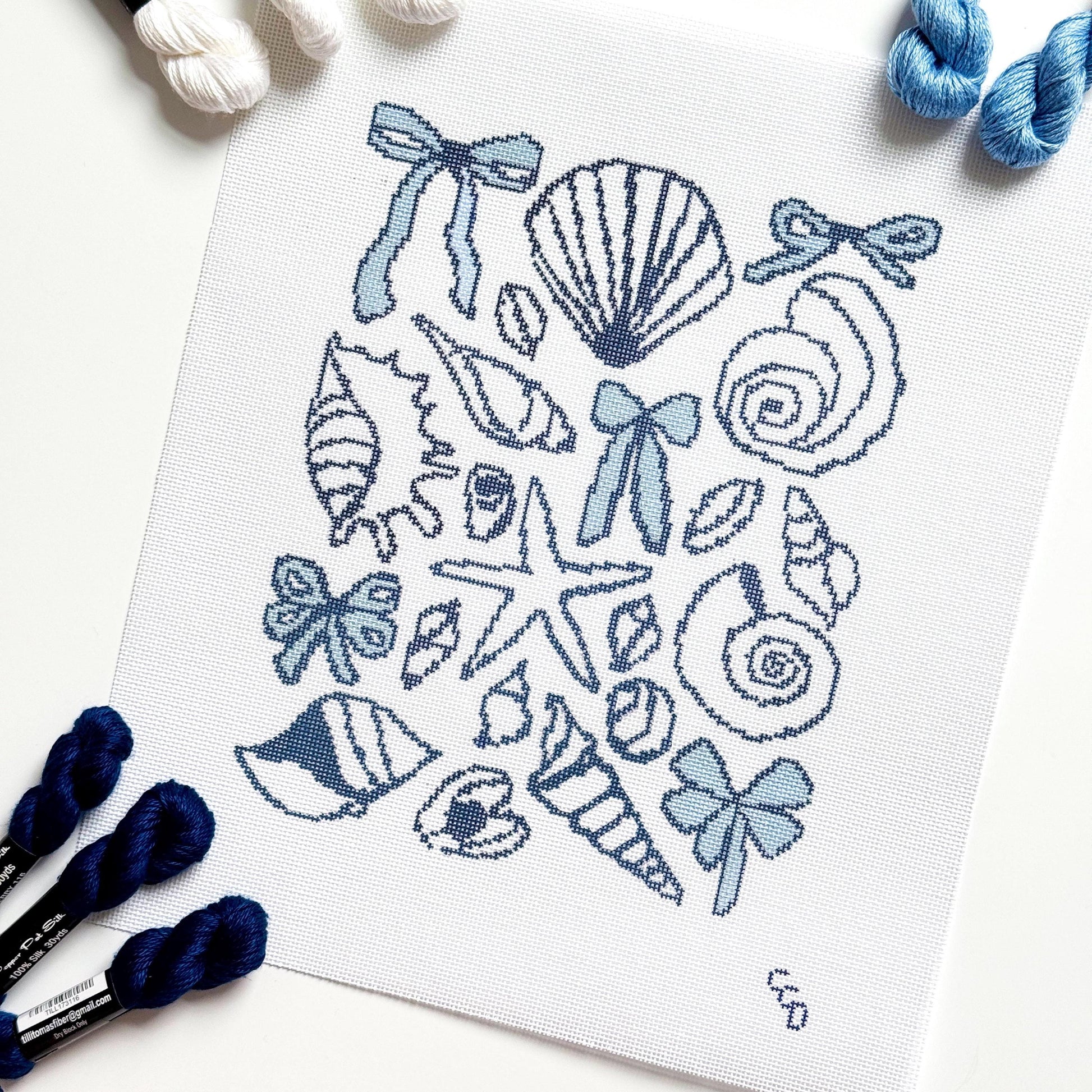 Blue Seashell & Bow Toile Needlepoint | 9″ Coastal Collage on 18-Mesh