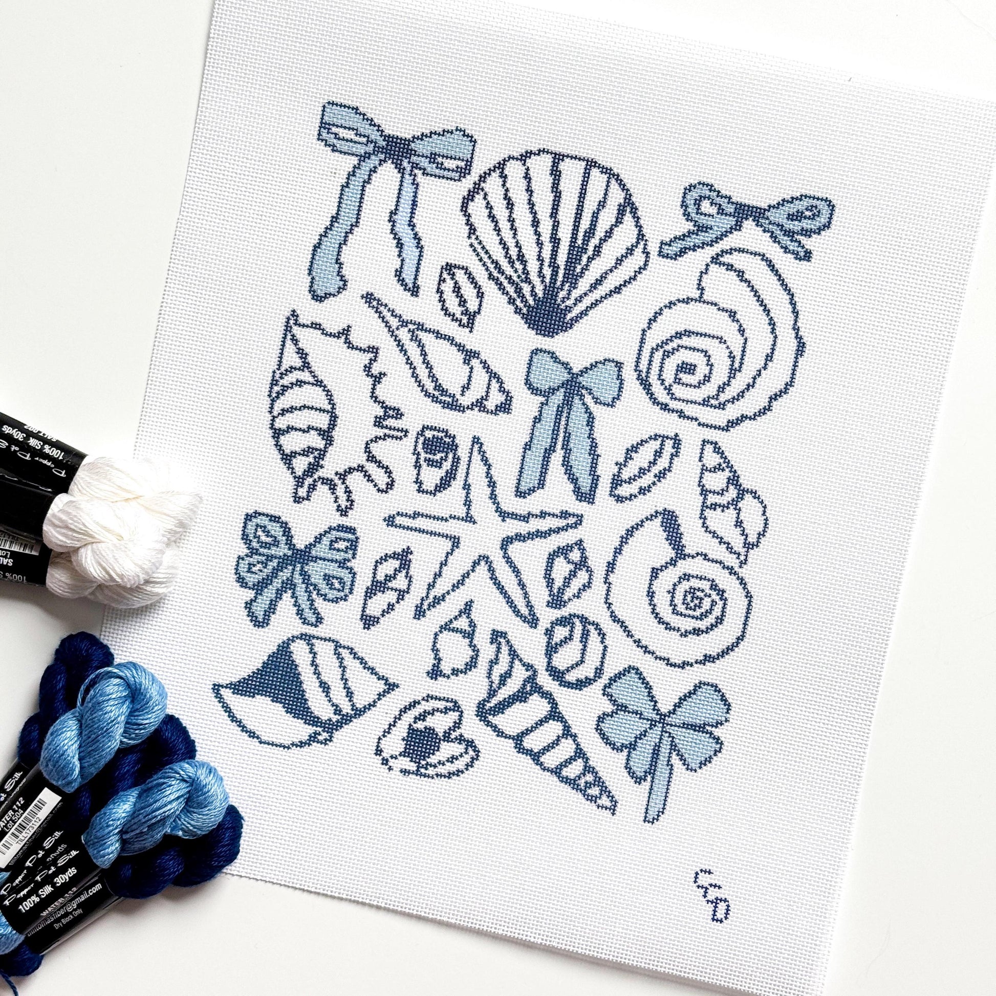 Blue Seashell & Bow Toile Needlepoint | 9″ Coastal Collage on 18-Mesh