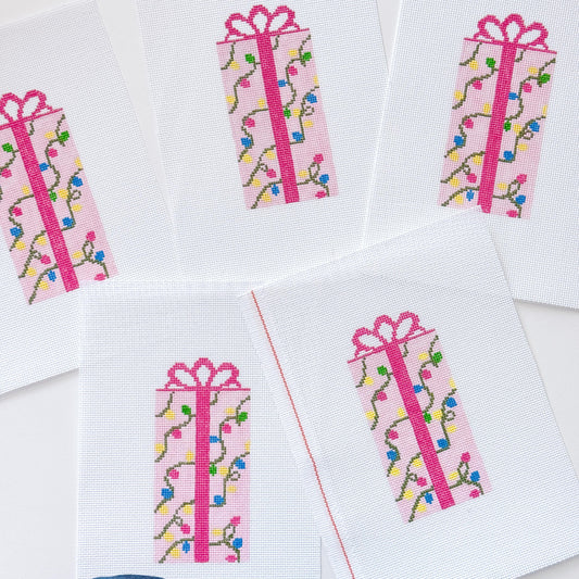 Pink Present Christmas Needlepoint Canvas 18 Mesh 2.5”x5” Design, Bow Christmas Needlepoint Ornament, Modern Needlepoint