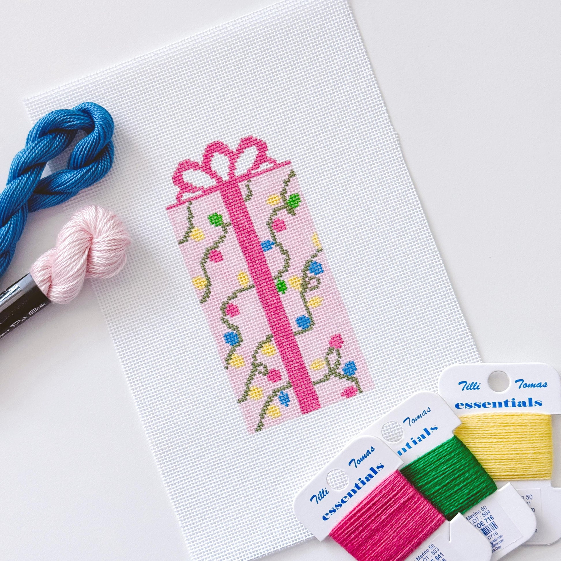 Pink Present Christmas Needlepoint Canvas 18 Mesh 2.5”x5” Design, Bow Christmas Needlepoint Ornament, Modern Needlepoint