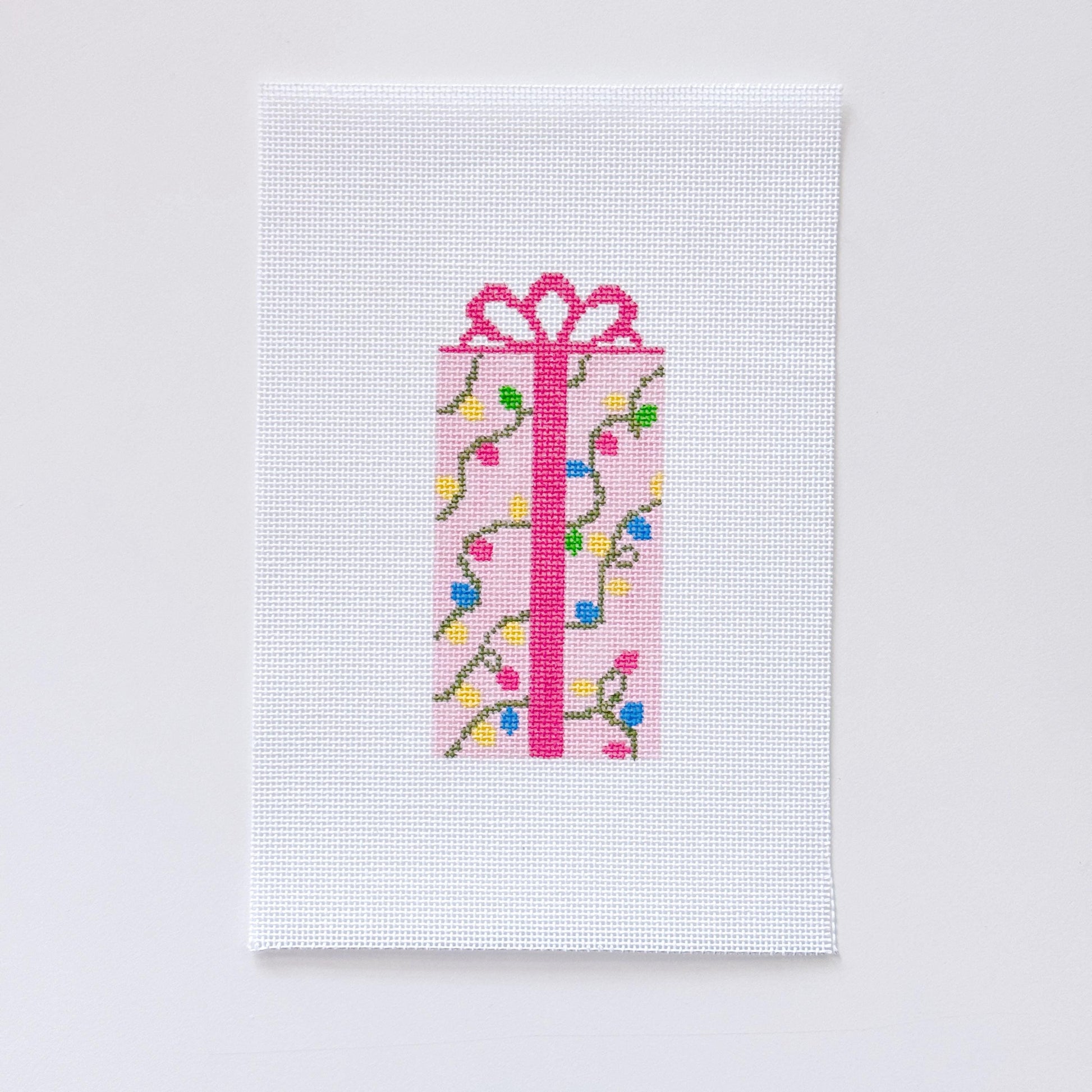 Pink Present Christmas Needlepoint Canvas 18 Mesh 2.5”x5” Design, Bow Christmas Needlepoint Ornament, Modern Needlepoint