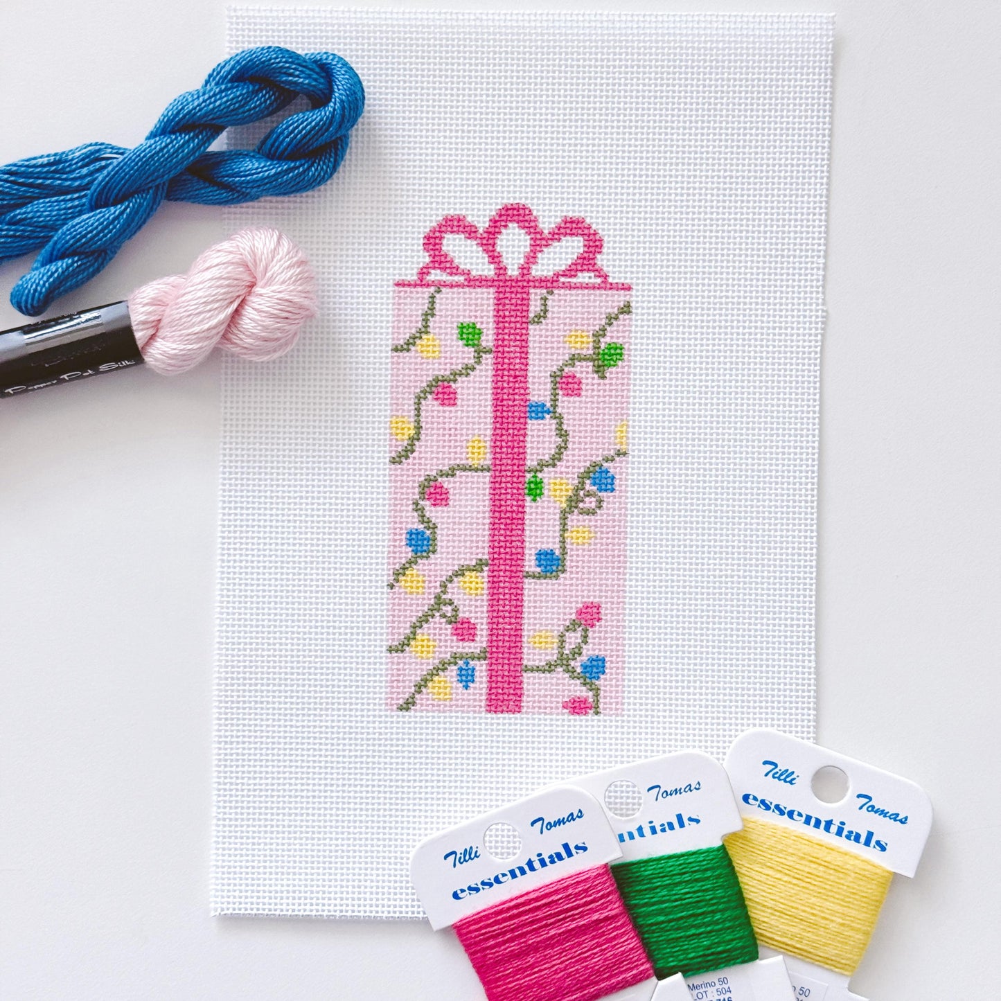 Pink Present Christmas Needlepoint Canvas 18 Mesh 2.5”x5” Design, Bow Christmas Needlepoint Ornament, Modern Needlepoint