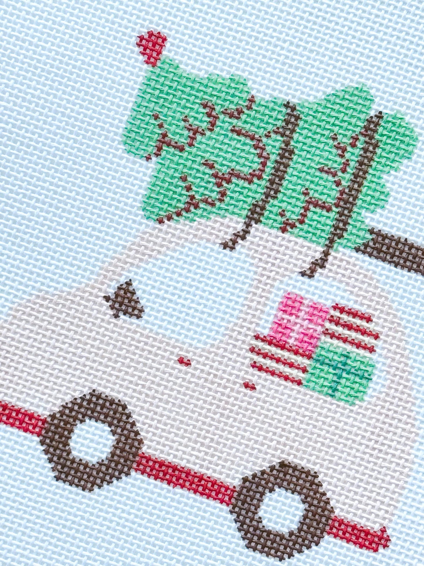 Christmas Needlepoint Ornament, Christmas Car Needlepoint, Modern Needlepoint, 18 Mesh 4”x4” Design, Pink Christmas Needlepoint Canvas