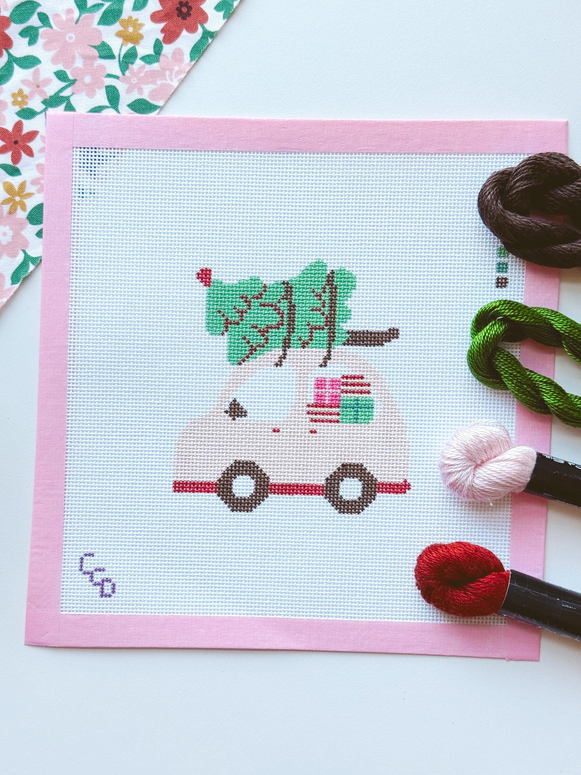 Christmas Needlepoint Ornament, Christmas Car Needlepoint, Modern Needlepoint, 18 Mesh 4”x4” Design, Pink Christmas Needlepoint Canvas