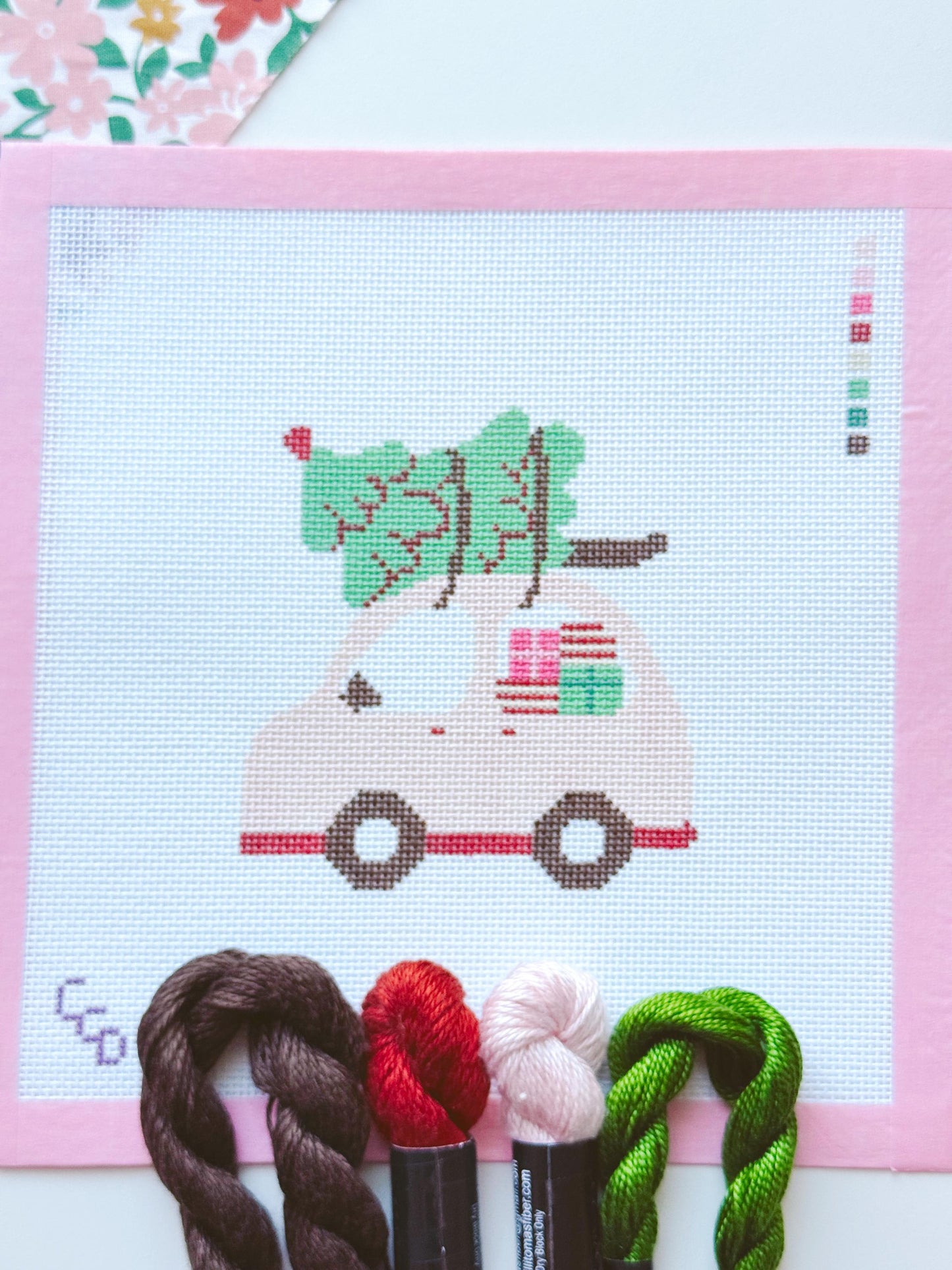 Christmas Needlepoint Ornament, Christmas Car Needlepoint, Modern Needlepoint, 18 Mesh 4”x4” Design, Pink Christmas Needlepoint Canvas