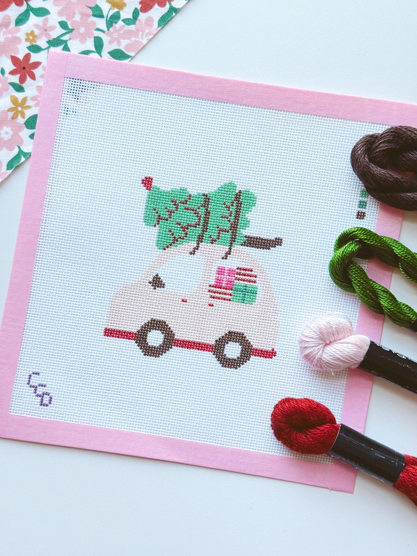 Christmas Needlepoint Ornament, Christmas Car Needlepoint, Modern Needlepoint, 18 Mesh 4”x4” Design, Pink Christmas Needlepoint Canvas