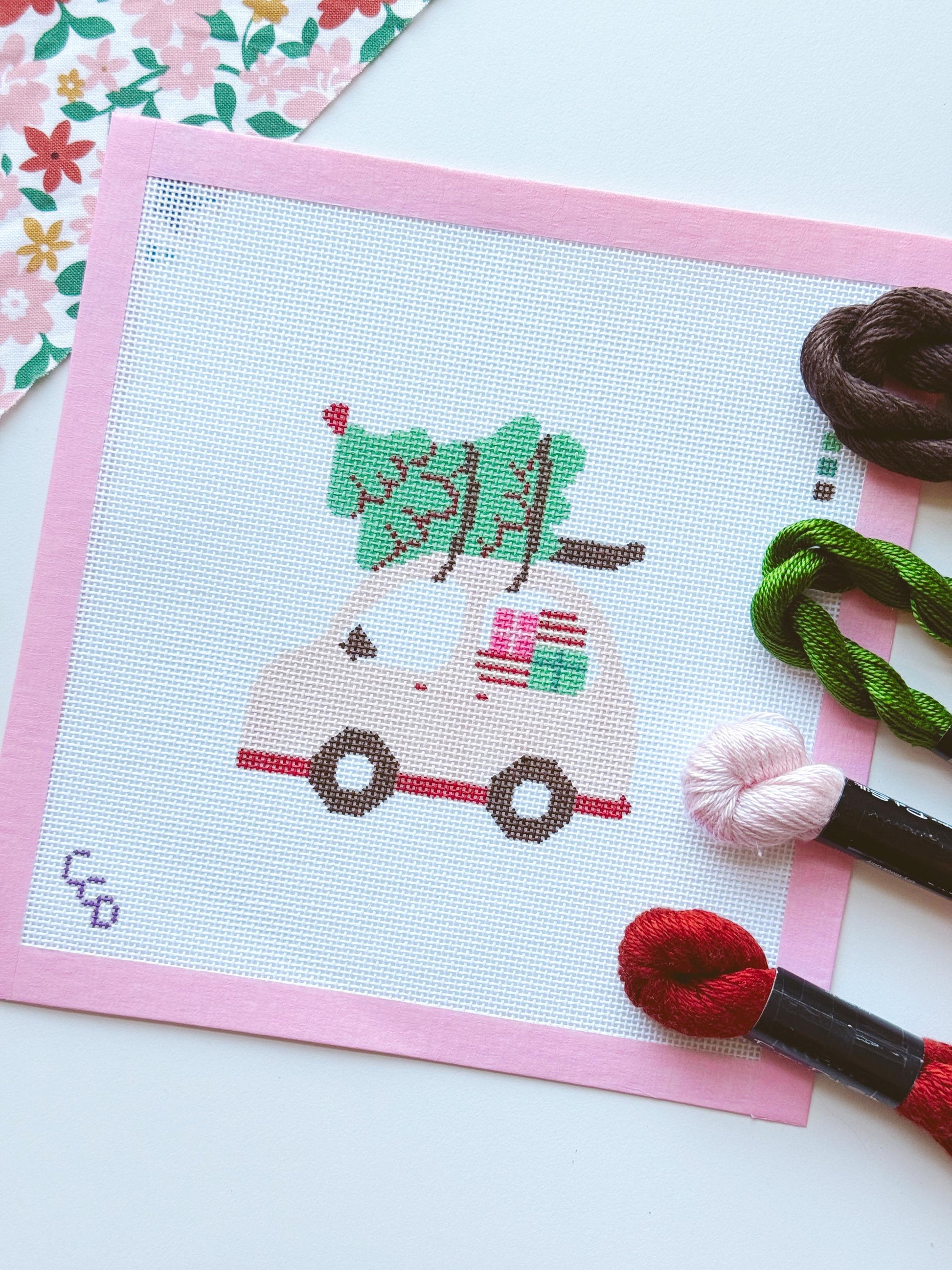 Christmas Needlepoint Ornament, Christmas Car Needlepoint, Modern Needlepoint, 18 Mesh 4”x4” Design, Pink Christmas Needlepoint Canvas
