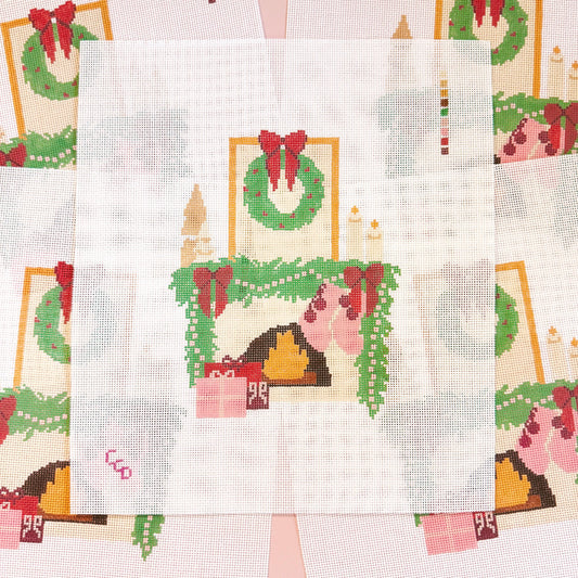 Hand Painted Christmas Fireplace Needlepoint Canvas 8” Needlepoint Canvas 18 Mesh Needlepoint Canvas Christmas Hand Painted