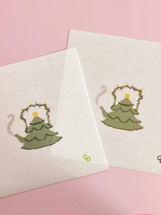Christmas Tree Tea Kettle 18 Mesh Needlepoint Canvas – 2.5&quot; x 3&quot; Design