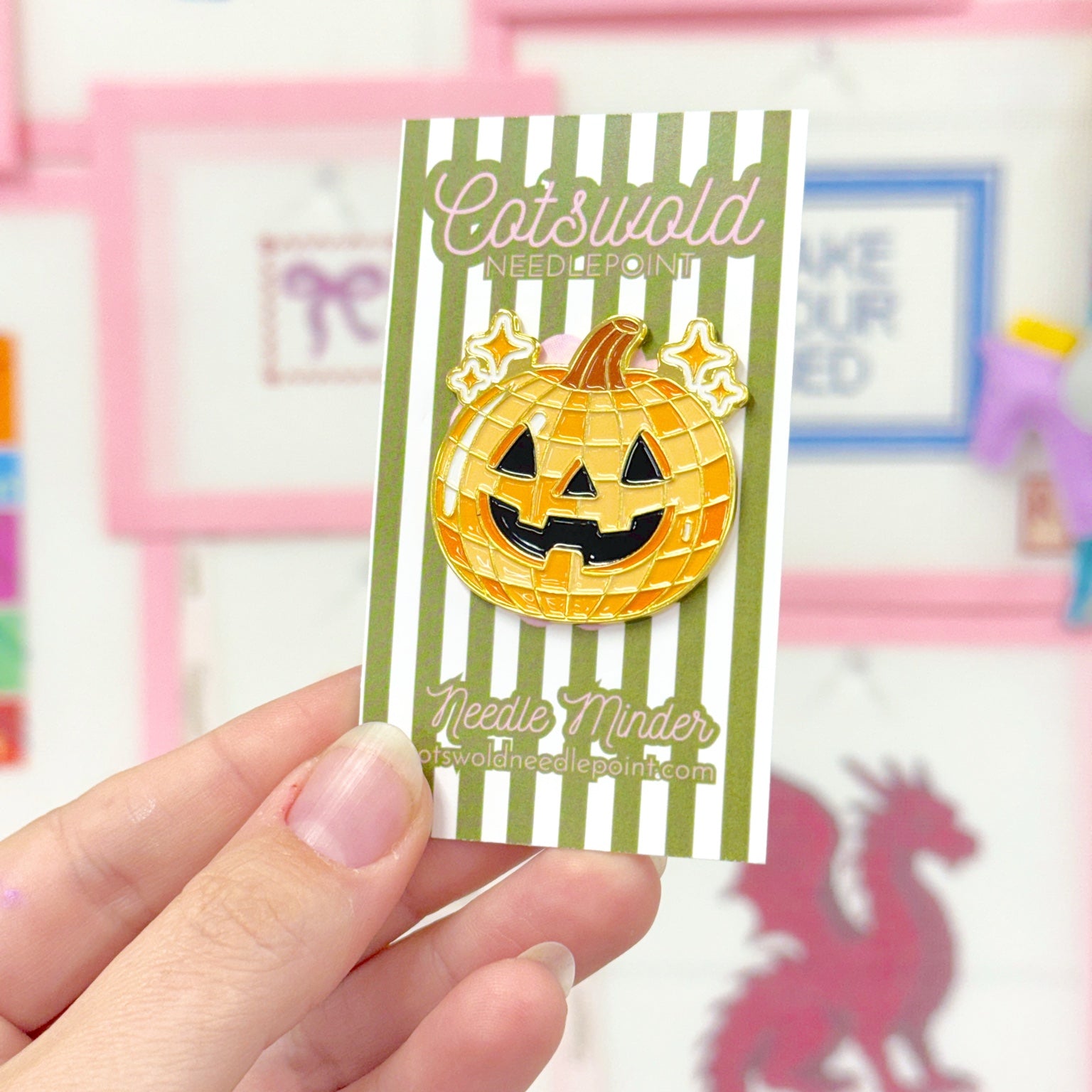 Orange jack-o-lantern pumpkin magnetic needle minder for needlepoint and embroidery