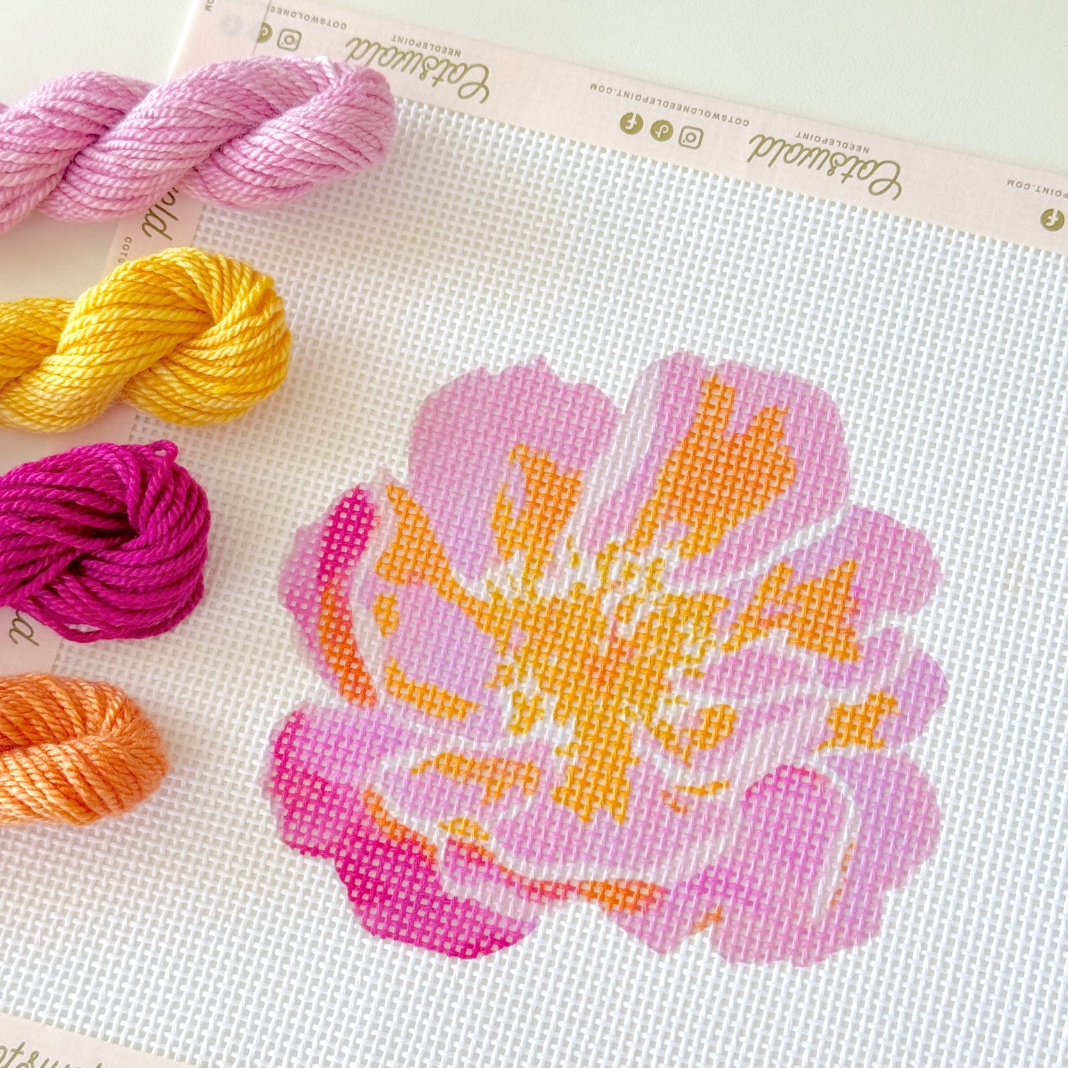 Close-up of pink and orange flower hand-painted 13 mesh needlepoint canvas