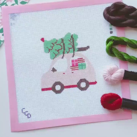 Christmas Needlepoint Ornament, Christmas Car Needlepoint, Modern Needlepoint, 18 Mesh 4”x4” Design, Pink Christmas Needlepoint Canvas