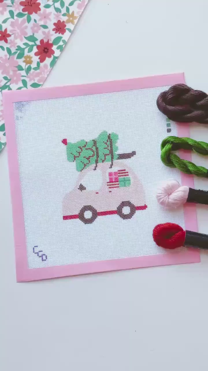 Christmas Needlepoint Ornament, Christmas Car Needlepoint, Modern Needlepoint, 18 Mesh 4”x4” Design, Pink Christmas Needlepoint Canvas