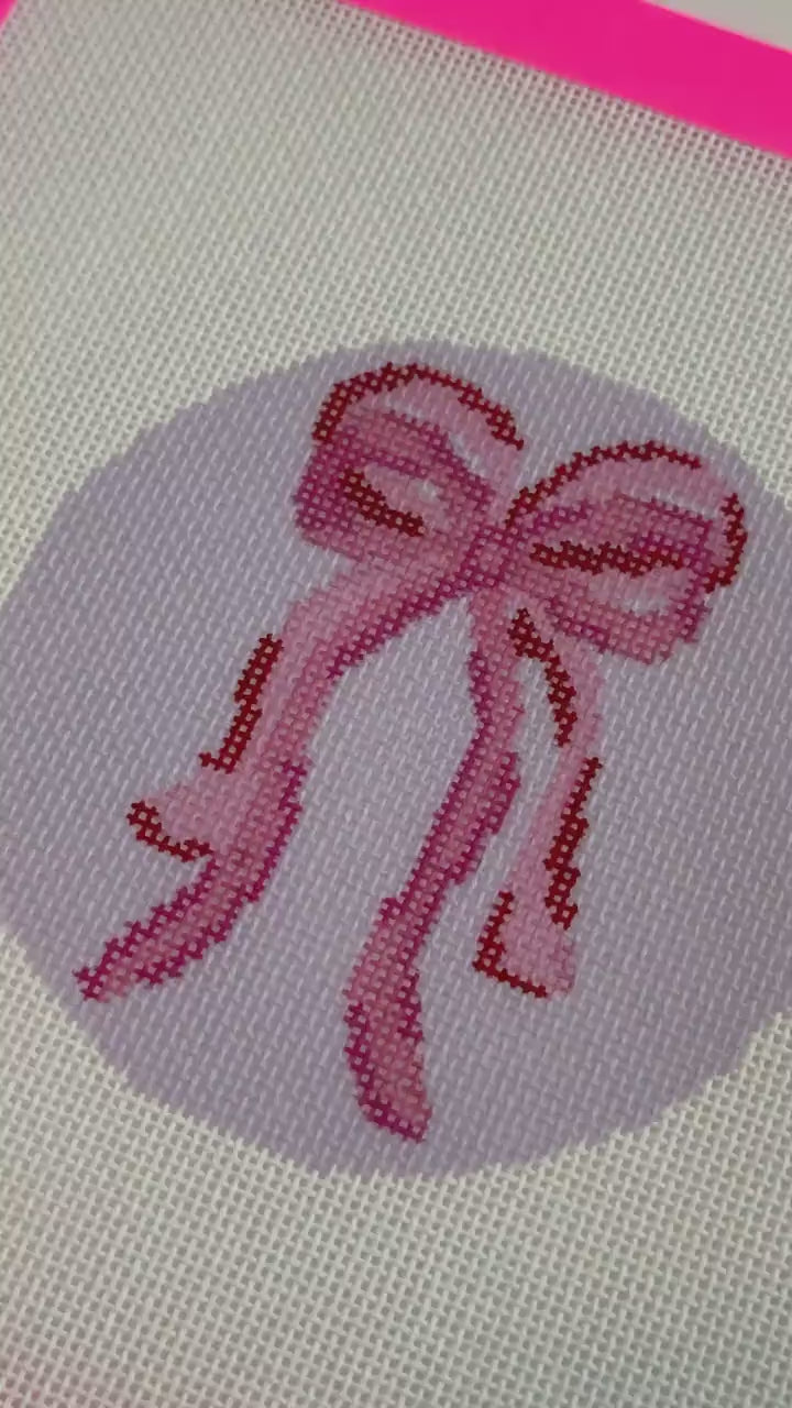 Bow Coquette Christmas Ornament Needlepoint Canvas, Hand Painted Needlepoint Ornament Canvas, Bow Needlepoint Canvas 18 mesh 4" Round