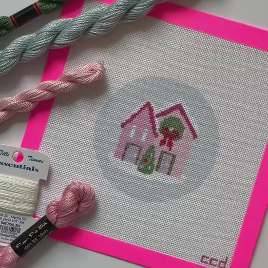 Christmas Houses Ornament Needlepoint Canvas 18 Mesh 4” Design, Christmas Round Ornament Needlepoint Canvas modern Hand Painted