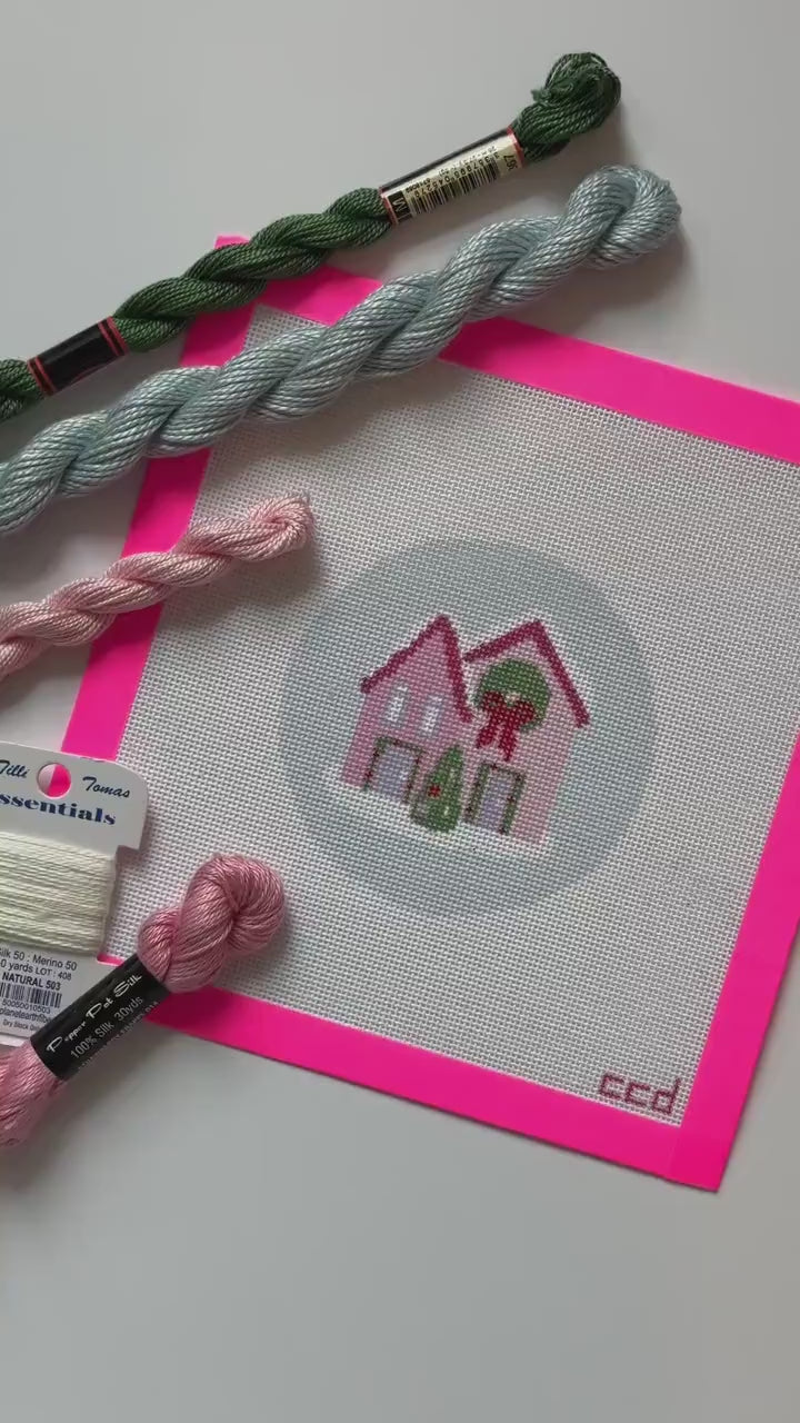 Christmas Houses Ornament Needlepoint Canvas 18 Mesh 4” Design, Christmas Round Ornament Needlepoint Canvas modern Hand Painted