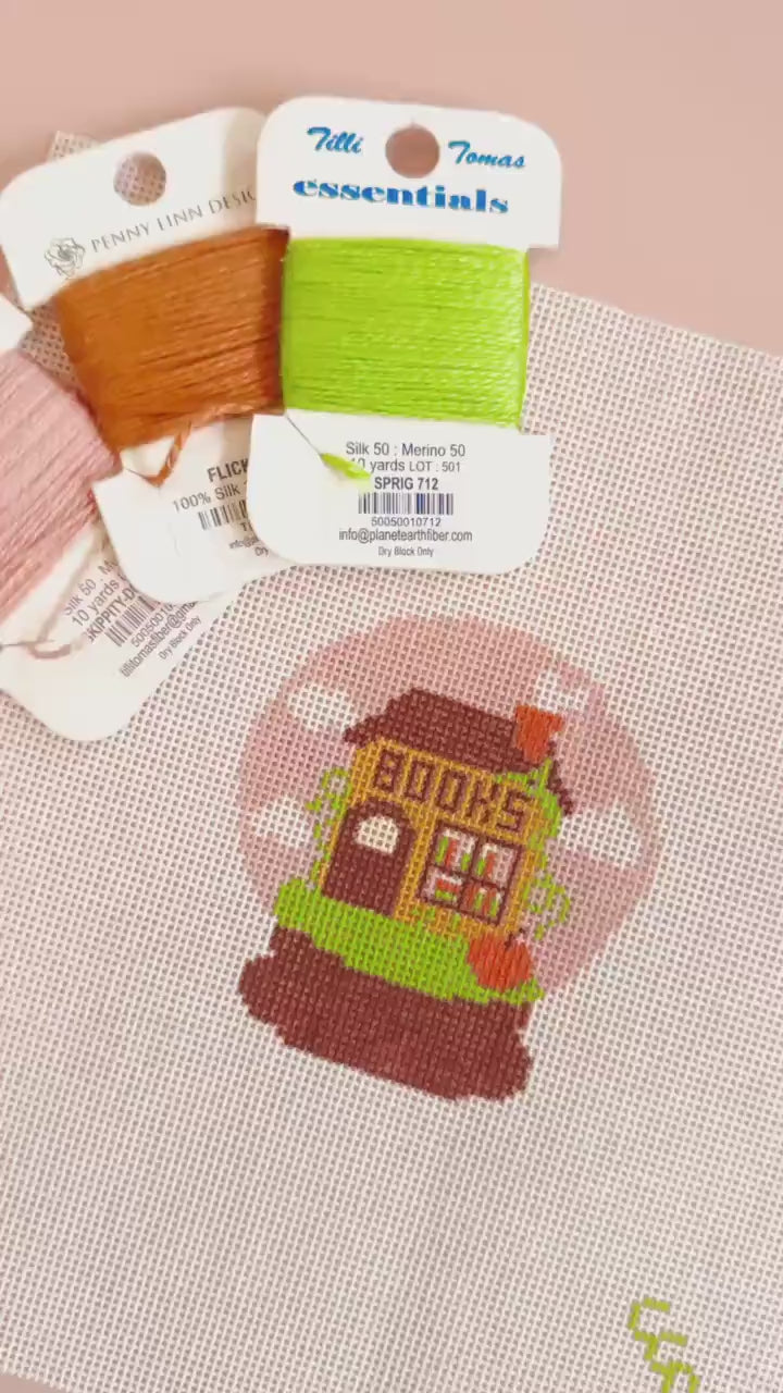 Fall Bookish Needlepoint Canvas, Book Theme Needlepoint, Fall Needlepoint Canvas 3x3” design on 18 mesh