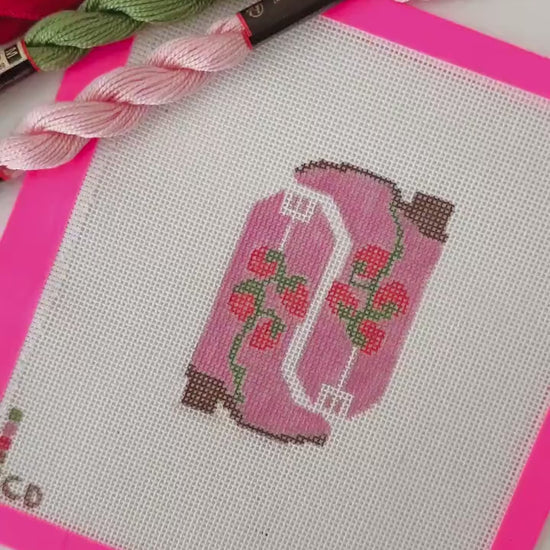 Hand Painted Strawberry Cowgirl Boot 3” Needlepoint Canvas 18 Mesh southern Needlepoint Canvas Boot Hand Painted