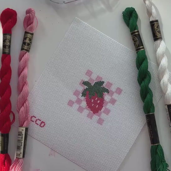 Hand Painted Strawberry Checkered 2” Needlepoint Canvas 18 Mesh Coquette Needlepoint Canvas Summer Hand Painted