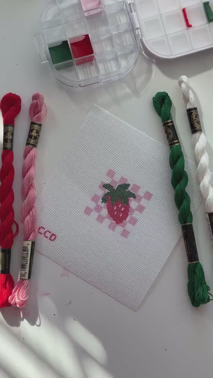 Hand Painted Strawberry Checkered 2” Needlepoint Canvas 18 Mesh Coquette Needlepoint Canvas Summer Hand Painted