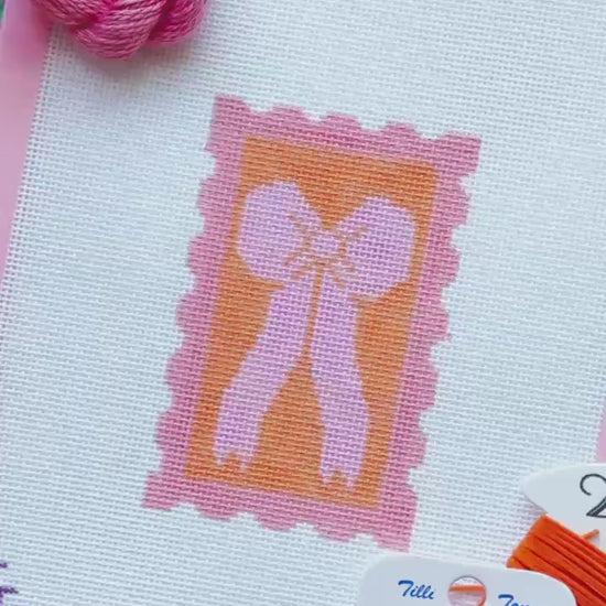 Pink Bow Needlepoint Canvas, 18 Mesh 2”x4” Design, Coquette Stamp Needlepoint Canvas, Bow Stamp Needlepoint Canvas