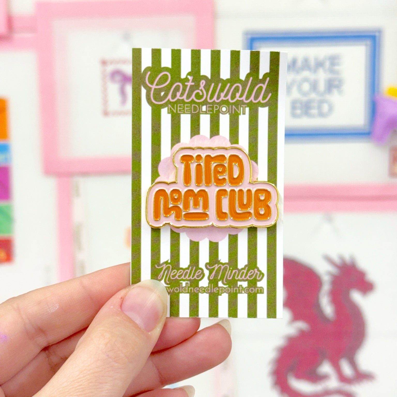 Tired Mom Club orange and pink magnetic needle minder for needlepoint and embroidery
